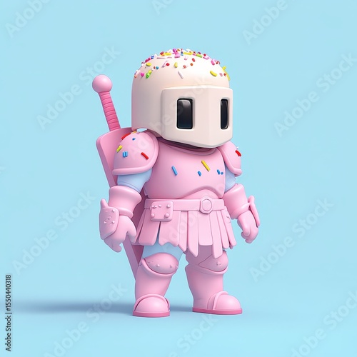 A cute, stylized knight figure in pink armor with a helmet resembling a frosted donut topped with colorful sprinkles, standing against a light blue background.