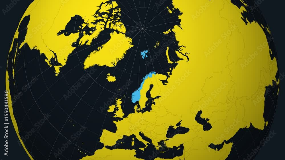 Norway on Globe. Animated zoom into the country view on the world map in Charcoal Bright Yellow color palette. Globe with meridians, parallels, countries, rivers and lakes. Vibrant video.