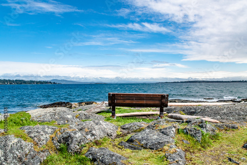 Bench at Cattle Point Looking Over Ocean in Victoria, BC, Canada