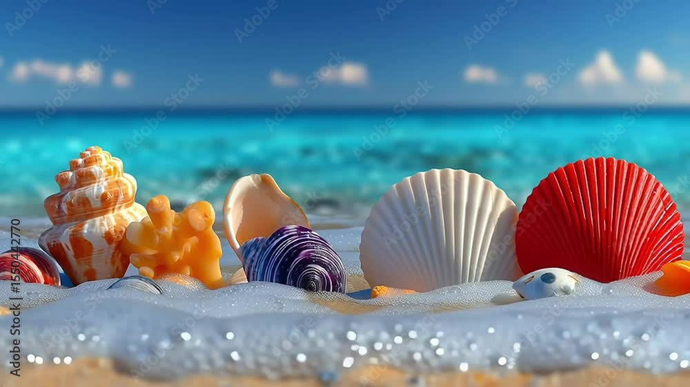 Gentle beach wave with turquoise foam - Scenic - Rolling softly - Sandy shore with abstract shells and warm sunset hues.