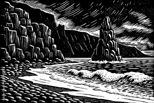 sand beach in Iceland with basalt columns and crashing waves, a black and white sketch vector hand drawn