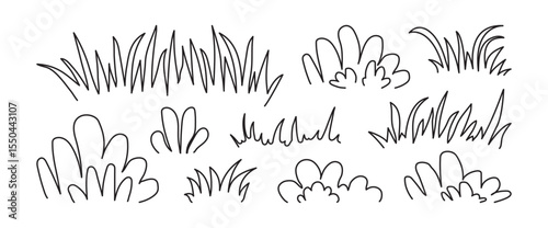 Grass line doodle icon, bush outline meadow. Thicket garden hand drawn, tuft lawn sketch, plant pattern black editable stroke isolated on white bg. Nature foliage border. Scribble vector illustration