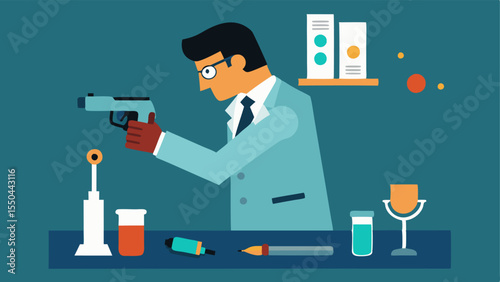 Firearm Examination A forensic scientist carefully inspecting a handgun while noting measurements on a clipboard. The workstation is cluttered with tools and bullet samples.