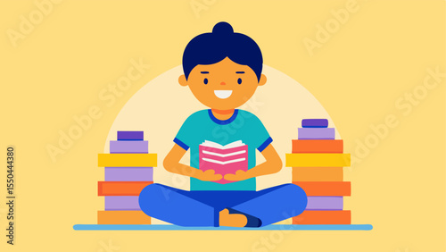 Cozy Book Fort A cheerful child sits on a colorful rug surrounded by a vibrant pile of books. The child is smiling holding a book while balancing some others to stack them into a