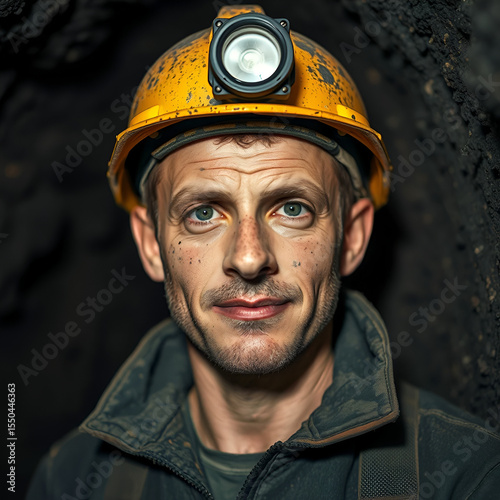Miner portrait in a mine engaged in extraction of coal underground, working in difficult conditions, coal dust stained face underground worker with a lamp on helmet.