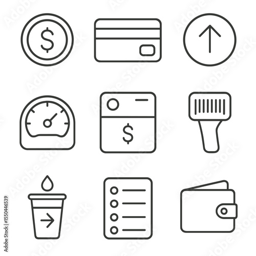 Prepaid Utility Icons. Line style icons of Prepaid Utility Account: dollar coin, prepaid card, top-up button, usage meter, balance