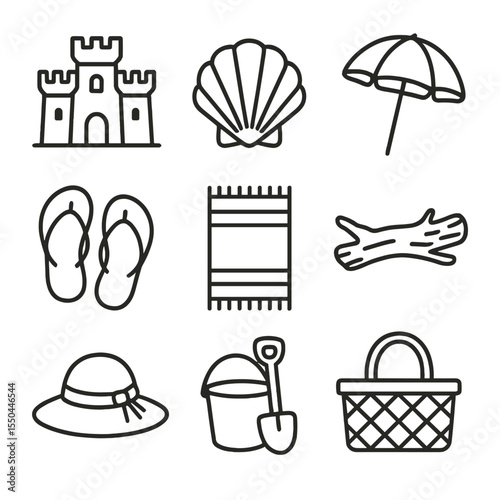 Coastal Icons Collection. Line style icons of Coastal & Beach Items: sandcastle, seashell, beach umbrella, flip-flops, beach towel