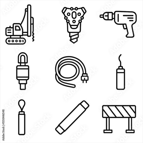 Drilling and Blasting Icons. Line style icons of Drilling and Blasting Tools: rotary drill rig, drill bit, drill motor, water