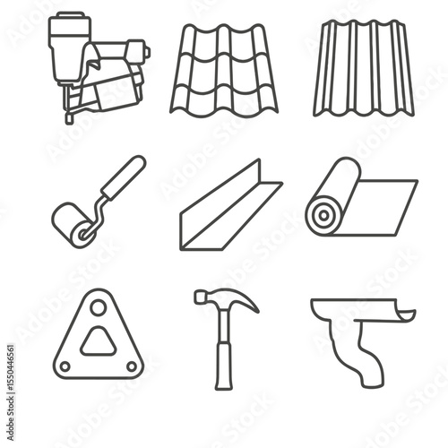 Roofing Equipment Icons. Line style icons of Roofing and Cladding Equipment: roofing nailer, roof tile panel, metal sheet, seam