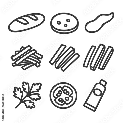 Banh Mi Icon Set. Line style icons of Banh Mi Sandwich Stand: baguette half, pork slice, pate smear, pickled carrot pile, daikon