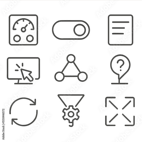 Utility Dashboard Icons. Line style icons of Combined Utility Dashboard: multi-meter panel, zone toggle switch, infographic