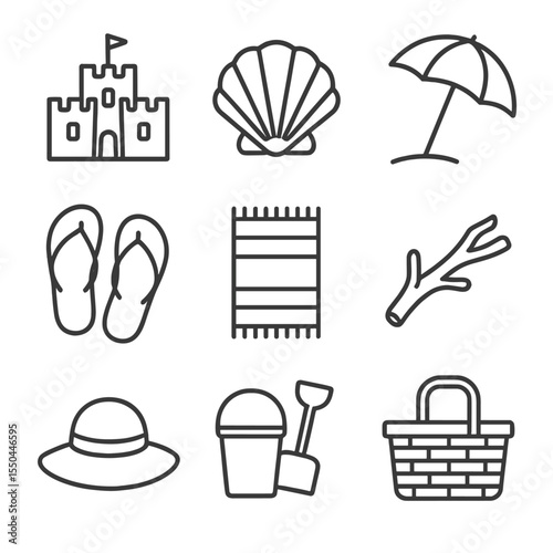 Coastal Icons Collection. Line style icons of Coastal & Beach Items: sandcastle, seashell, beach umbrella, flip-flops, beach towel