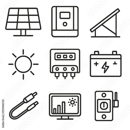Solar Power Icons. Line style icons of Solar Power Systems: photovoltaic panel, solar inverter, mounting rack, charge controller,