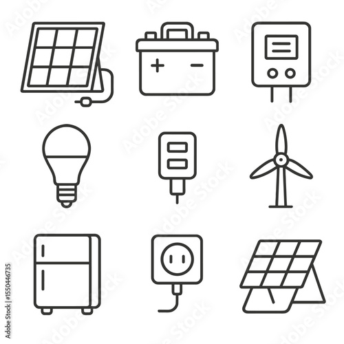 Off-Grid Power Icons. Line style icons of Off-Grid Power Kits: portable panel, battery suitcase, MPPT controller, LED lamp, USB