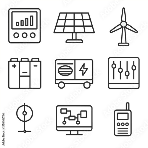 Microgrid Icons. Line style icons of Microgrid Components: microgrid controller, solar panel array, micro wind turbine, battery