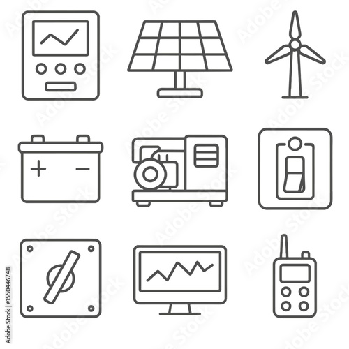 Microgrid Icons. Line style icons of Microgrid Components: microgrid controller, solar panel array, micro wind turbine, battery