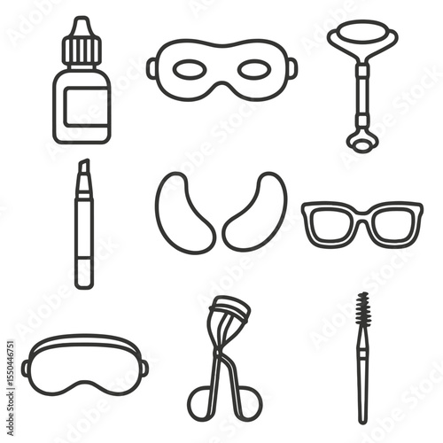 Eye Care Icons. Line style icons of Eye Care Accessories: eye drop bottle, cooling eye mask, jade roller ends, eye serum pen,