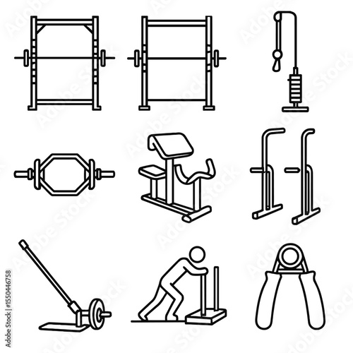 Strength Training Icons. Line style icons of Strength Training Tools: power rack, smith machine, cable pulley, trap bar, preacher