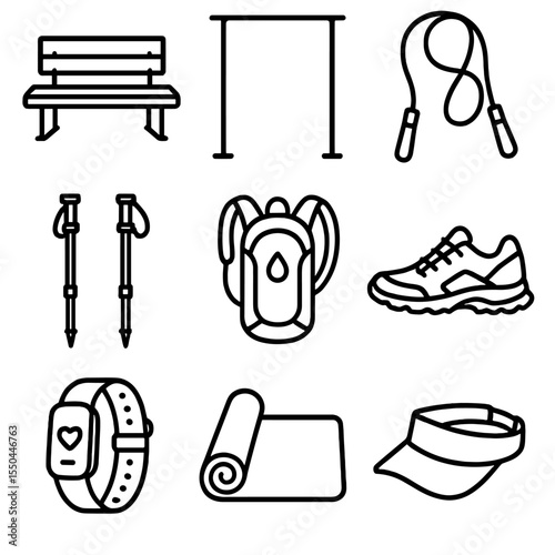 Outdoor Workout Essentials Icons. Line style icons of Outdoor Workout Essentials: park bench, pull-up bar, jump rope, trekking