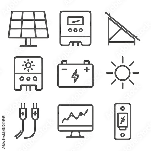 Solar Power Icons. Line style icons of Solar Power Systems: photovoltaic panel, solar inverter, mounting rack, charge controller,