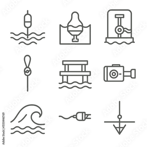 Ocean Wave Energy Icons. Line style icons of Ocean Wave Energy: point absorber buoy, oscillating water column, power take-off unit