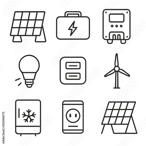 Off-Grid Power Icons. Line style icons of Off-Grid Power Kits: portable panel, battery suitcase, MPPT controller, LED lamp, USB