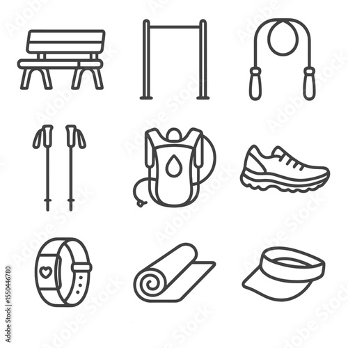 Outdoor Workout Essentials Icons. Line style icons of Outdoor Workout Essentials: park bench, pull-up bar, jump rope, trekking