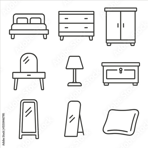 Bedroom Essentials Icons. Line style icons of Bedroom Essentials: platform bed, nightstand, dresser, wardrobe, vanity table,