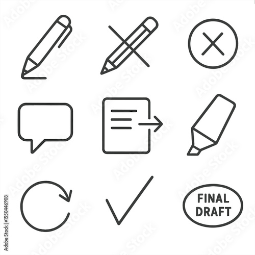 Manuscript Editing Icons. Line style icons of Manuscript Editing Tools: markup pen, red pencil, delete symbol, comment bubble,