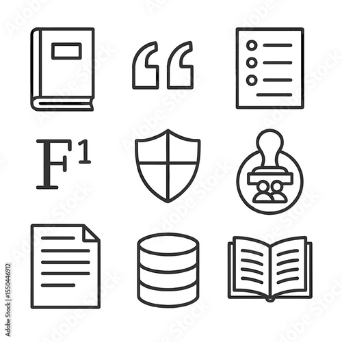 Academic Writing Icons. Line style icons of Academic Writing Tools: thesis book, citation bracket, bibliography list, footnote