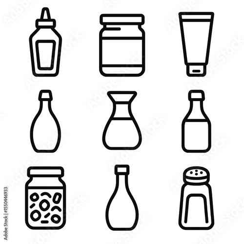 Sauce & Condiment Icons. Line style icons of Sauces & Condiments: ketchup bottle, mustard jar, mayonnaise tube, hot sauce flask,