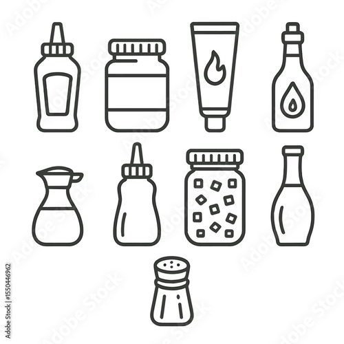 Sauce & Condiment Icons. Line style icons of Sauces & Condiments: ketchup bottle, mustard jar, mayonnaise tube, hot sauce flask,