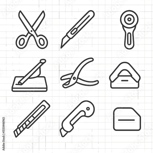 Cutting Tools Icons. Line style icons of Cutting Tools: scissors, craft knife, rotary cutter, guillotine trimmer, metal hole punch