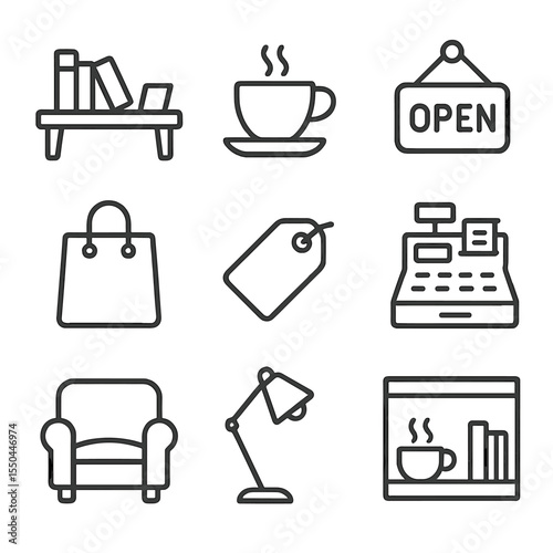 Bookstore & Cafe Icons. Line style icons of Bookstore & Cafe: display table, coffee cup, open sign, shopping bag, price tag, cash