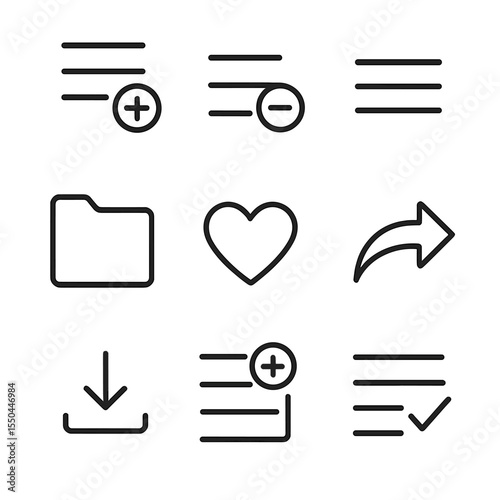 Playlist Icon Set. Line style icons of Playlist Management: add to playlist button, remove from list icon, reorder drag handle,