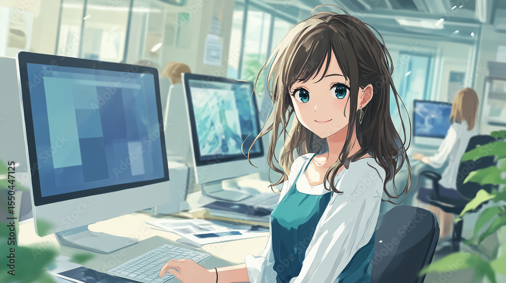 Fototapeta premium アニメ調 パソコンを使う少女