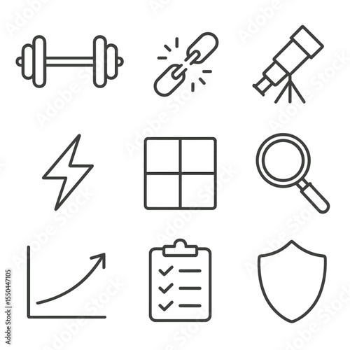SWOT Analysis Icons. Line style icons of SWOT Analysis: strength barbell, weakness broken chain, opportunity telescope, threat