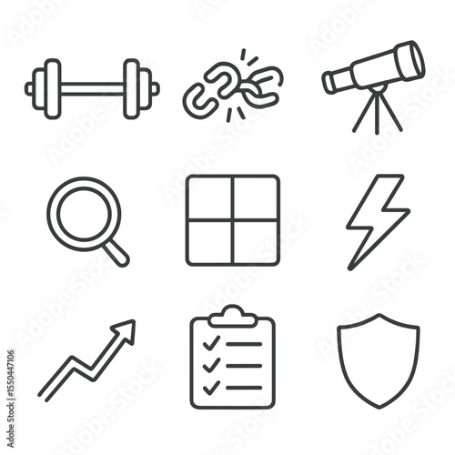 SWOT Analysis Icons. Line style icons of SWOT Analysis: strength barbell, weakness broken chain, opportunity telescope, threat