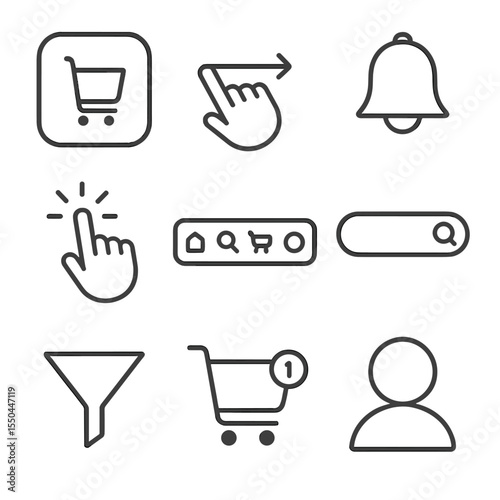 Mobile Shopping Icons. Line style icons of Mobile Shopping App: app icon, swipe gesture arrow, push notification bell, tap to buy