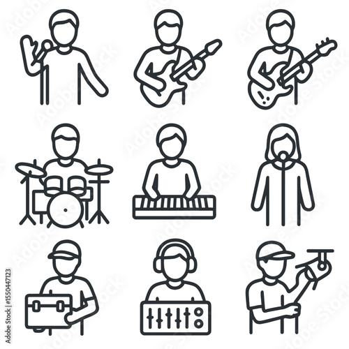 Band Role Icons. Line style icons of Band Lineup Roles: lead singer, lead guitarist, bassist, drummer, keyboardist, backup