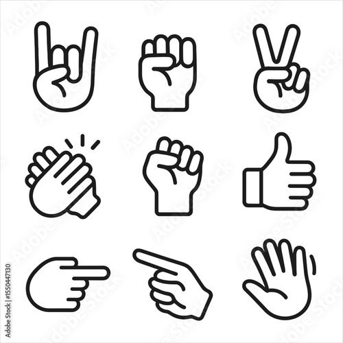 Rock Hand Gesture Icons. Line style icons of Rock Hand Gestures: horns hand sign, fist pump, peace sign, clapping hands, raised