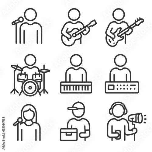 Band Role Icons. Line style icons of Band Lineup Roles: lead singer, lead guitarist, bassist, drummer, keyboardist, backup