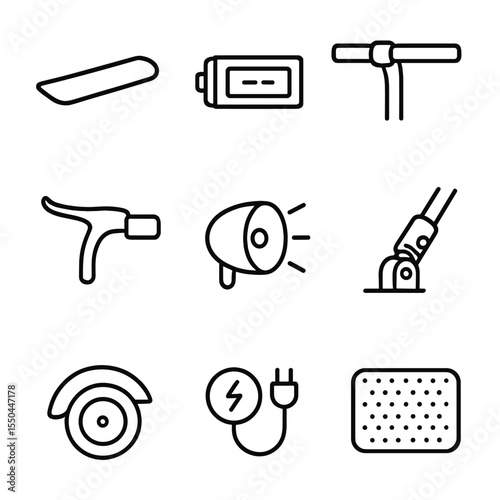 E-Scooter Line Icons. Line style icons of E-Scooters: scooter deck, battery pack under deck, handlebar throttle, brake lever, LED