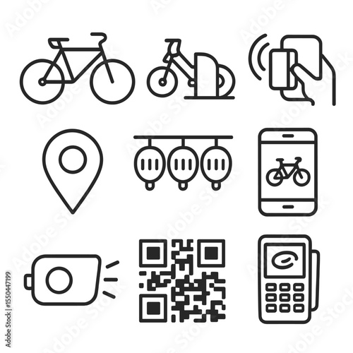 Bike Sharing Icons. Line style icons of Bike Sharing Systems: bicycle silhouette, docking station, keycard swipe, map pin, helmet