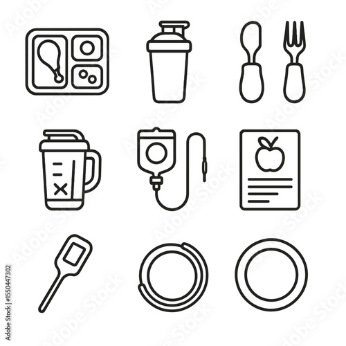 Nutritional Support Icons. Line style icons of Nutritional Support: compartment meal tray, protein shake bottle, adaptive spoon,