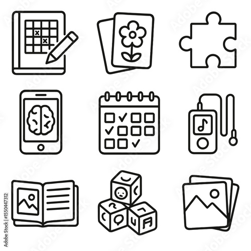 Cognitive Stimulation Icons. Line style icons of Cognitive Stimulation: crossword puzzle book, memory card set, jigsaw puzzle