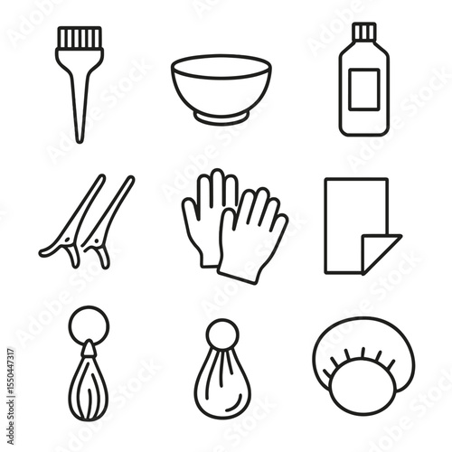 Hair Coloring Icons. Line style icons of Hair Coloring Supplies: tint brush, mixing bowl, hair dye tube, developer bottle,