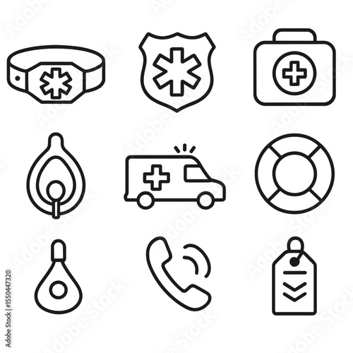 Emergency Response Icons. Line style icons of Emergency Response: medical ID bracelet, EMT badge, first-aid kit, AED device, CPR
