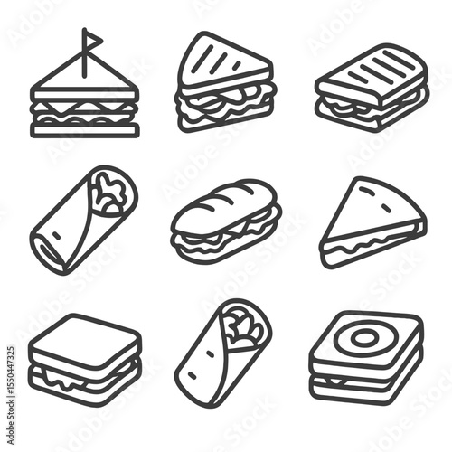 Sandwich Icons Collection. Line style icons of Sandwich Varieties: club sandwich, BLT slice, panini half, wrap roll, baguette bite