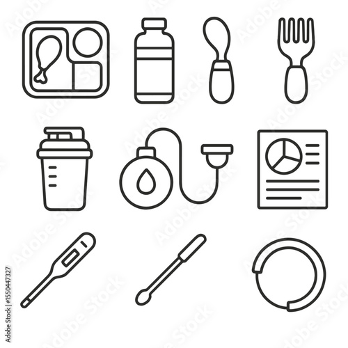 Nutritional Support Icons. Line style icons of Nutritional Support: compartment meal tray, protein shake bottle, adaptive spoon,